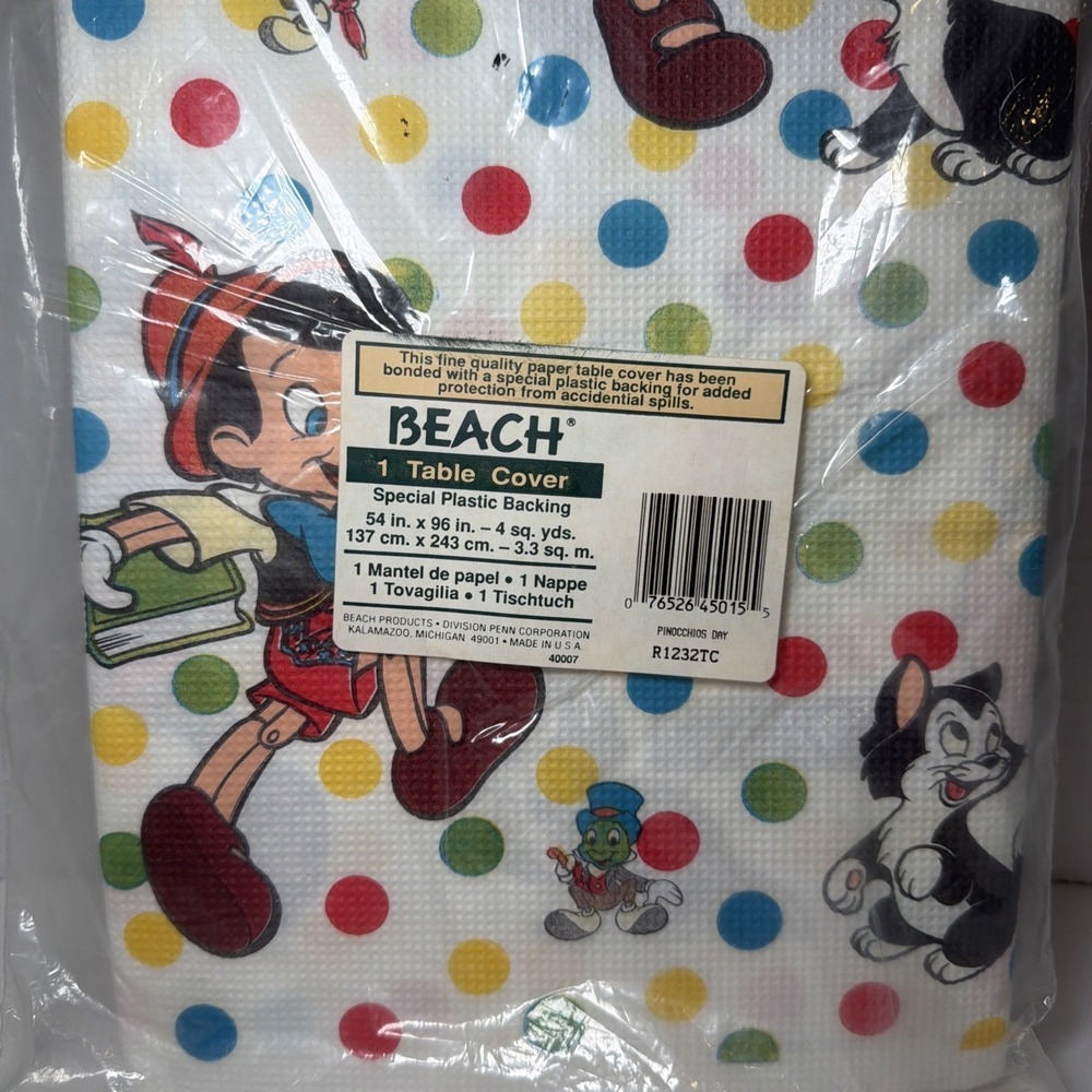 Disney Pinocchio Party Vintage BEACH Plastic Backed Table Cover 54" X 96" NOS